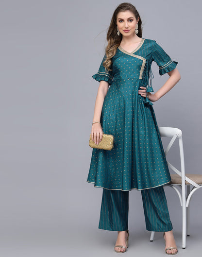 Teal Angarkha style Kurta With Pant Set | Leemboodi