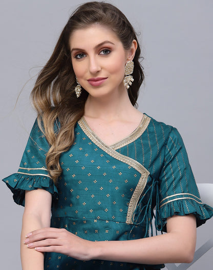 Teal Angarkha style Kurta With Pant Set | Leemboodi