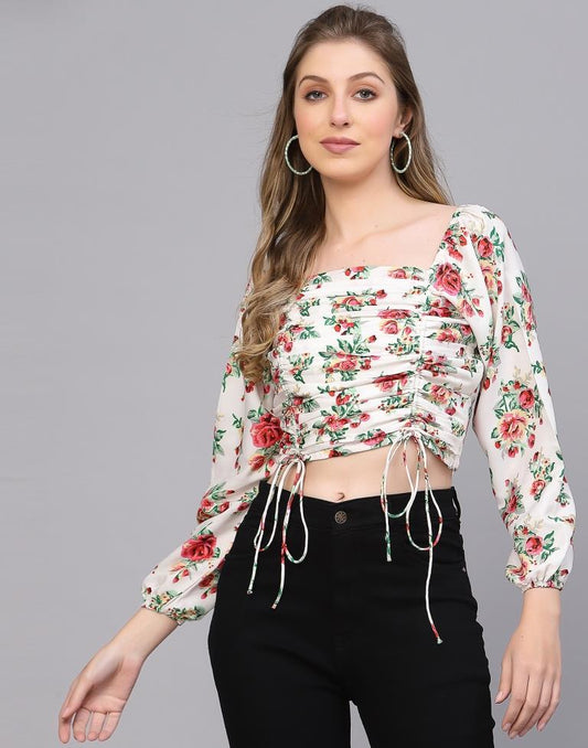 White Printed Drawstring Top | Leemboodi