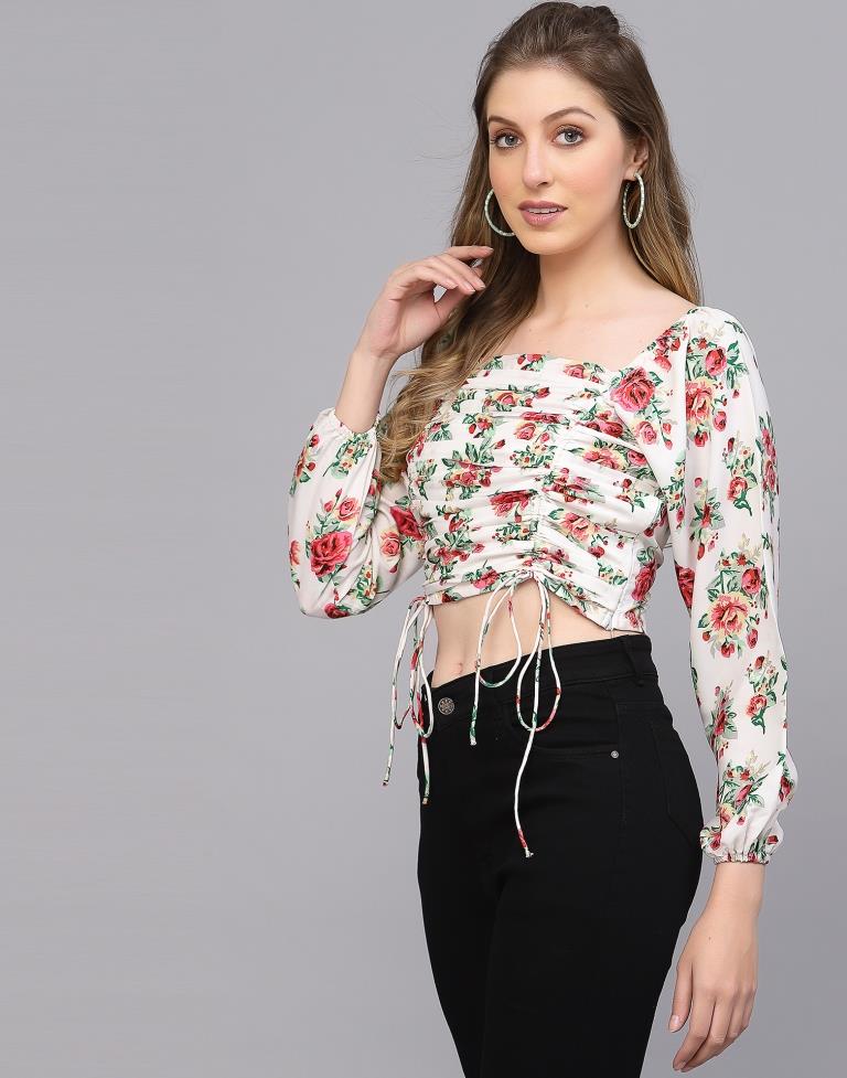 White Printed Drawstring Top | Leemboodi