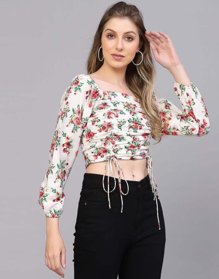 White Printed Drawstring Top | Leemboodi