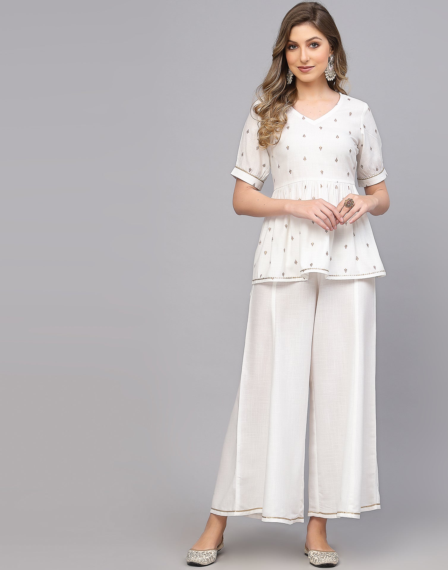 White Cotton Kurta Pallazo With Pant Set | Leemboodi