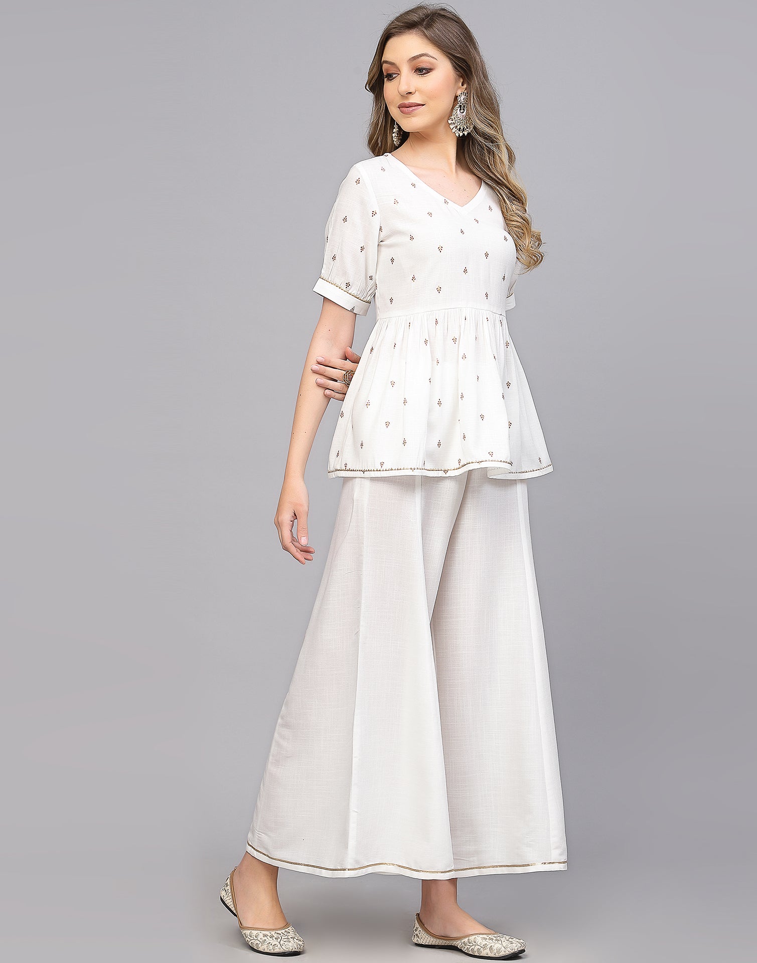 White Cotton Kurta Pallazo With Pant Set | Leemboodi