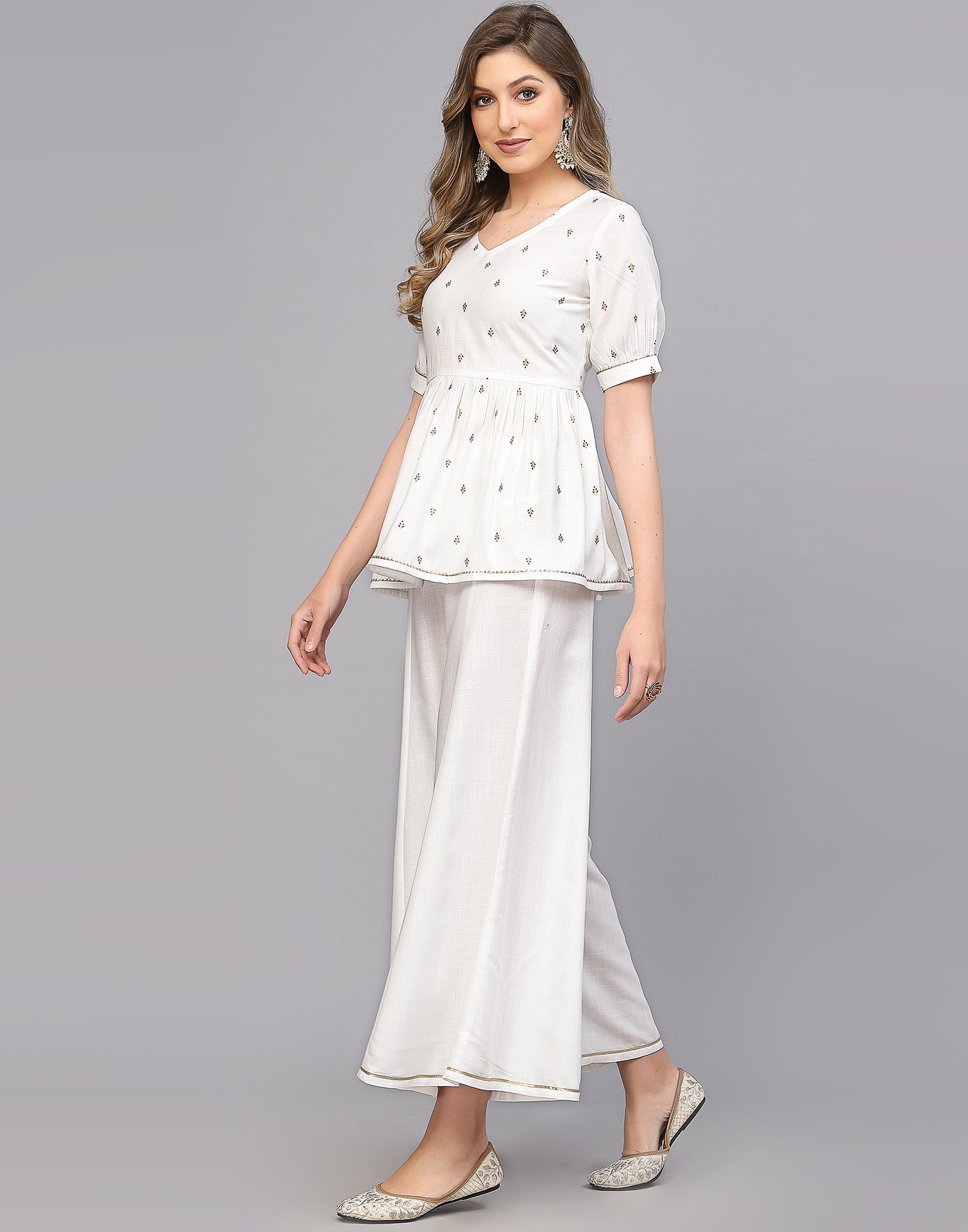 White Cotton Kurta Pallazo With Pant Set | Leemboodi