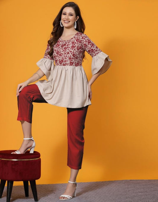 Beige & Red Cotton Printed Tunic Top