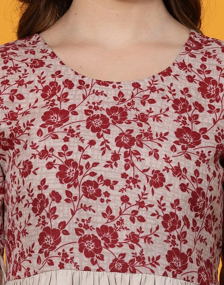 Beige & Red Cotton Printed Tunic Top