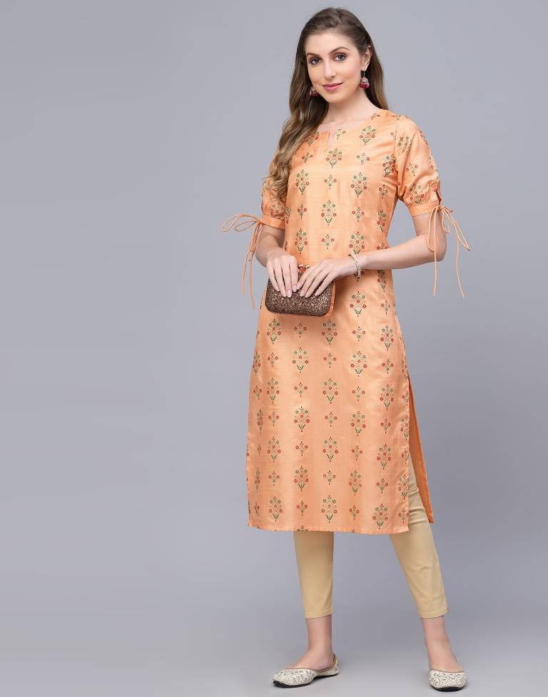 Peach Printed Silk Straight Kurta