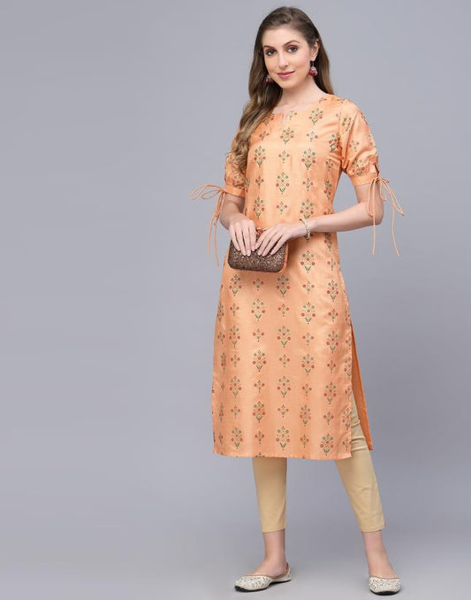 Peach Printed Silk Straight Kurta