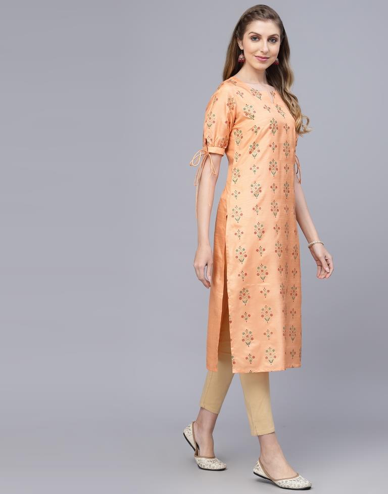 Peach Printed Silk Straight Kurta