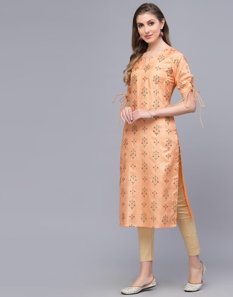 Peach Printed Silk Straight Kurta