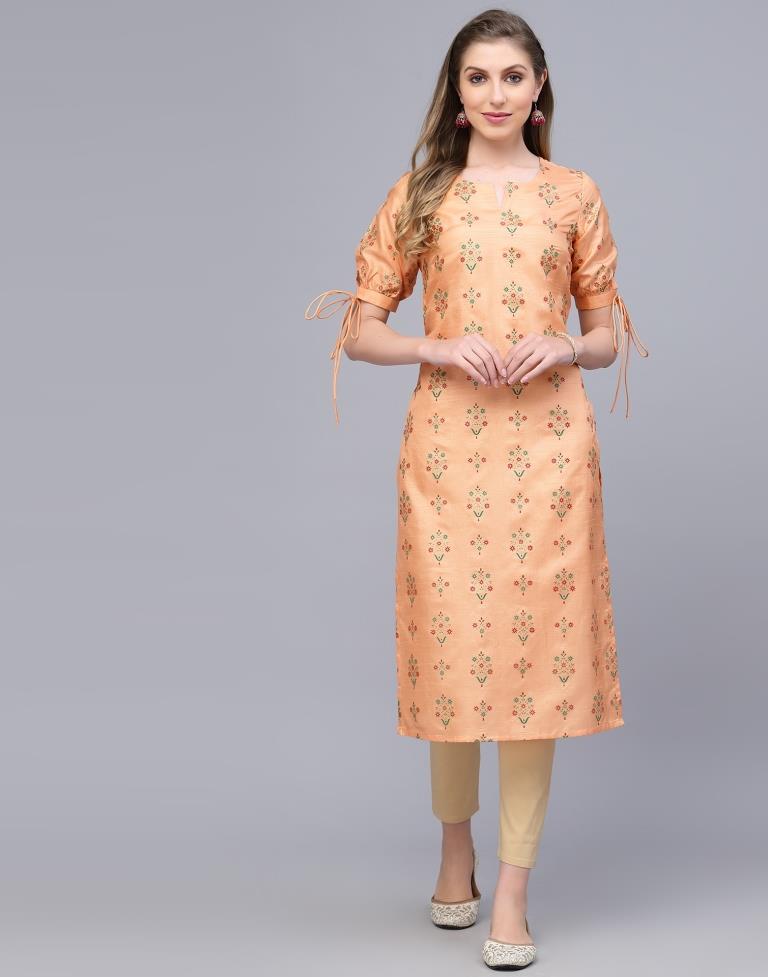Peach Printed Silk Straight Kurta