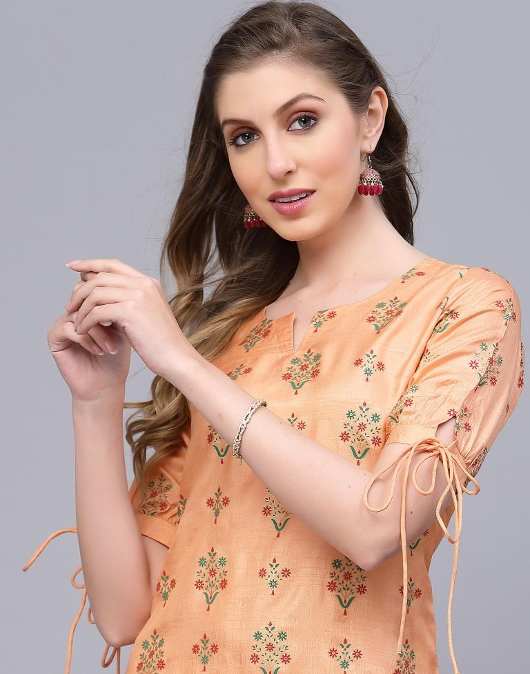 Peach Printed Silk Straight Kurta