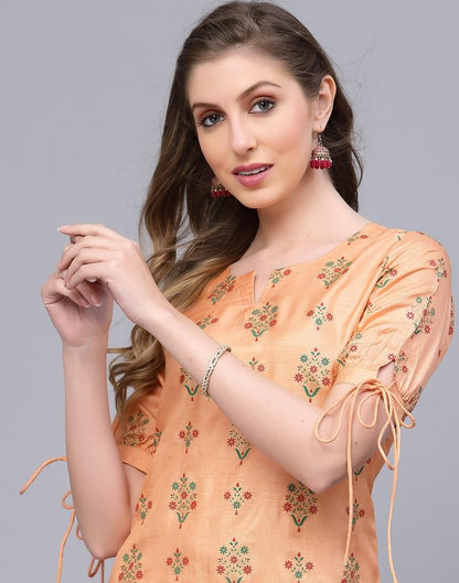 Peach Printed Silk Straight Kurta