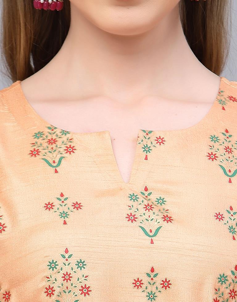 Peach Printed Silk Straight Kurta