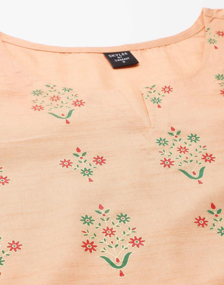 Peach Printed Silk Straight Kurta