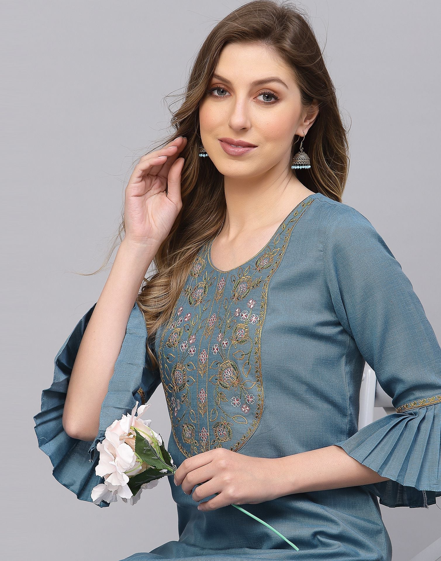 Blue Embroidered Kurti | Leemboodi