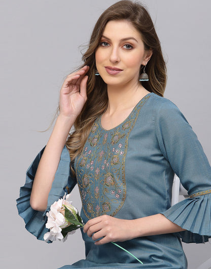 Blue Embroidered Kurti | Leemboodi