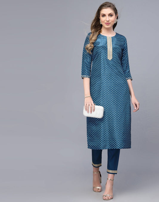 Teal Blue Silk Kurti With Pant Set | Leemboodi