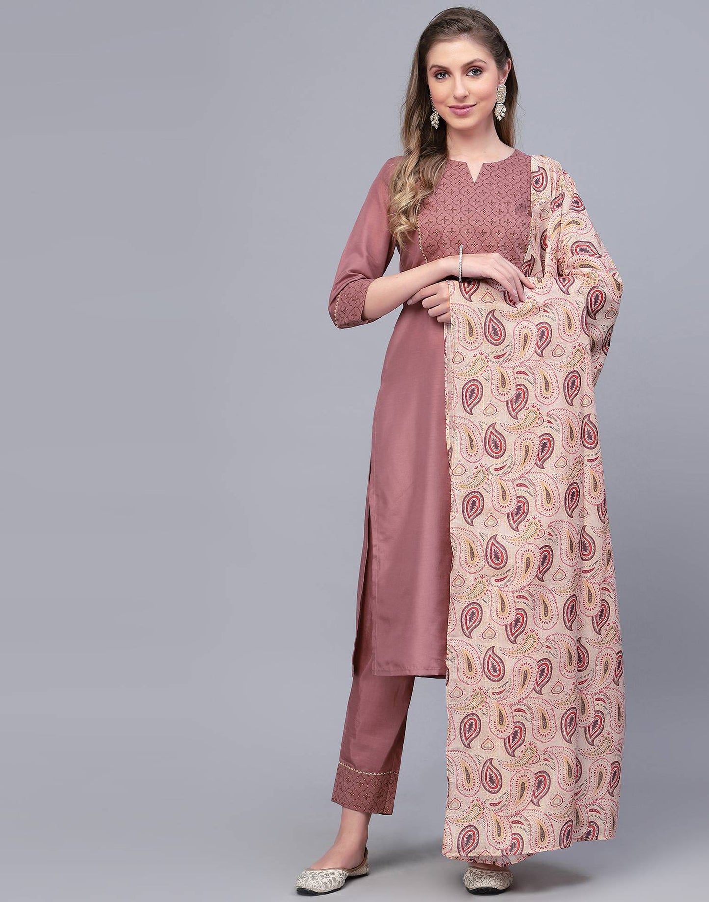 Rust Pink Printed Kurta with Pant and Dupatta | Leemboodi