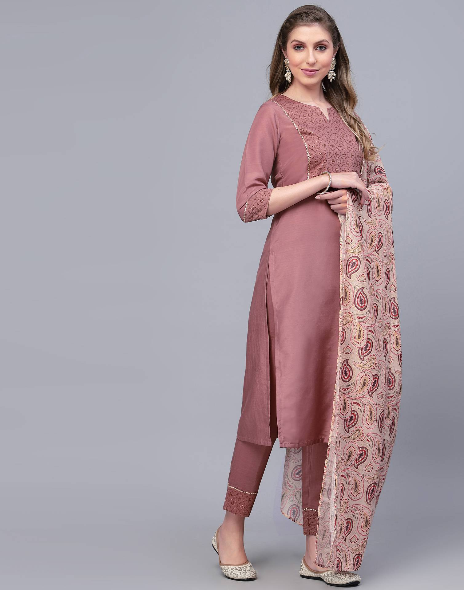 Rust Pink Printed Kurta with Pant and Dupatta | Leemboodi