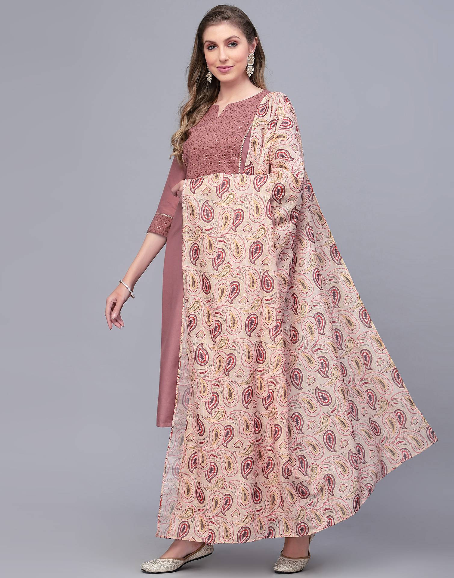 Rust Pink Printed Kurta with Pant and Dupatta | Leemboodi