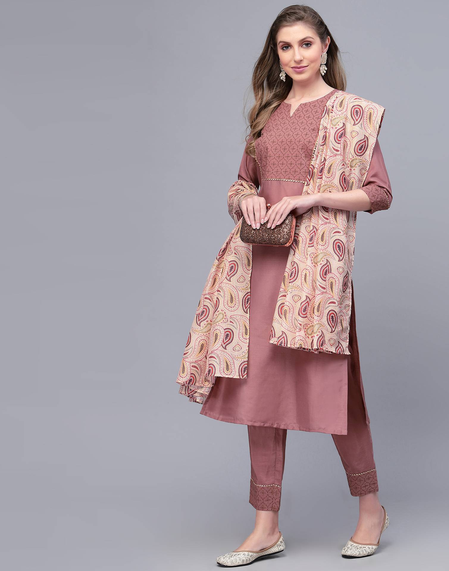 Rust Pink Printed Kurta with Pant and Dupatta | Leemboodi