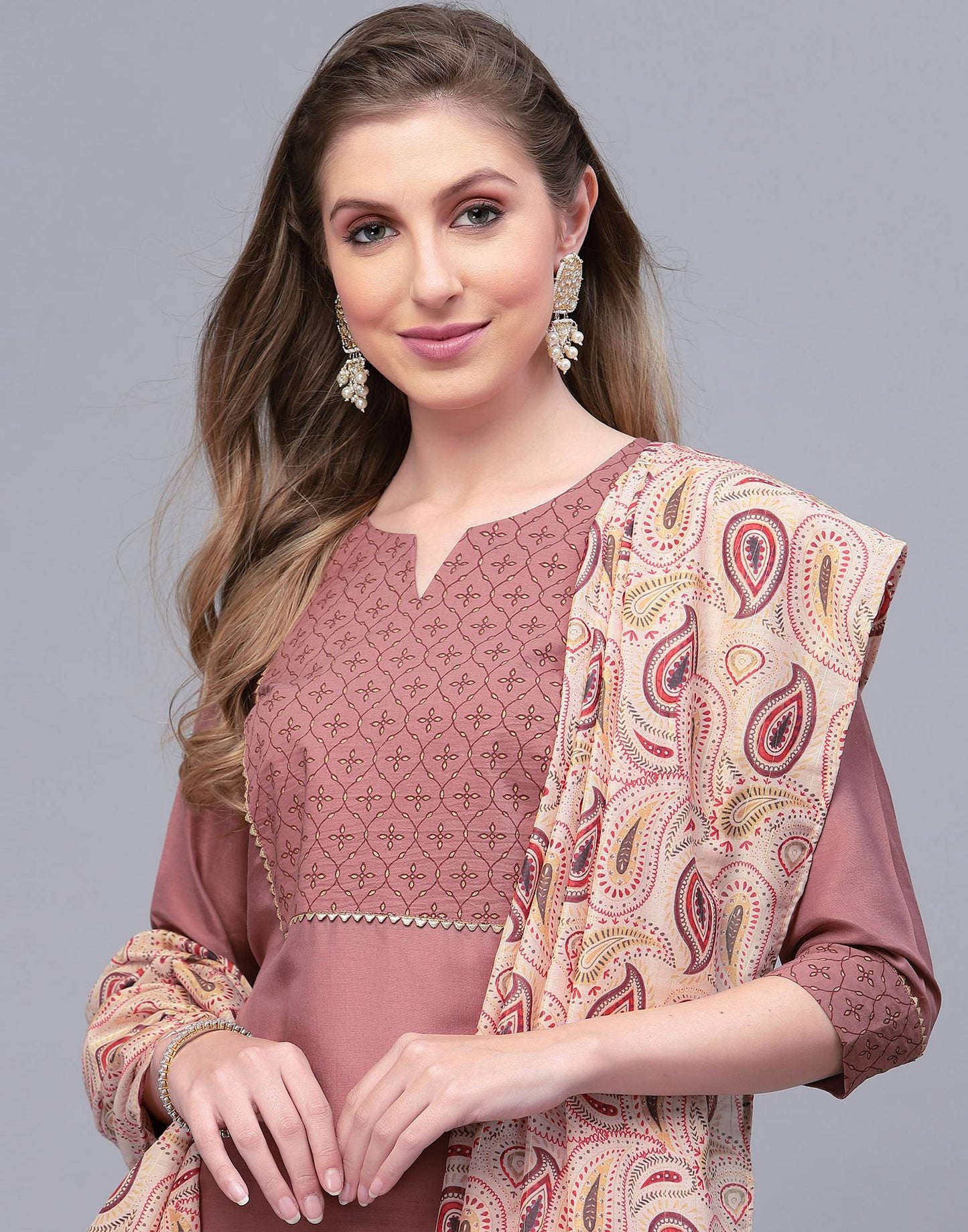 Rust Pink Printed Kurta with Pant and Dupatta | Leemboodi