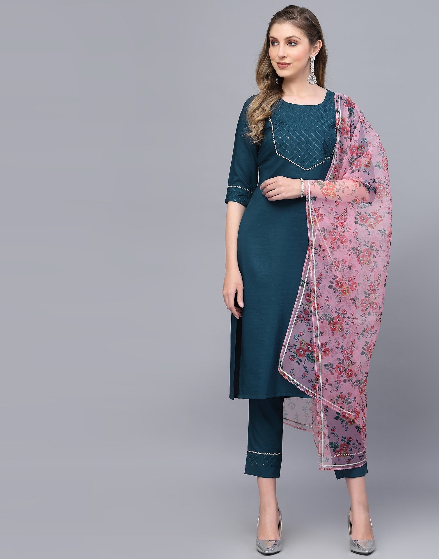 Teal Kurti With Pant And Dupatta | Leemboodi
