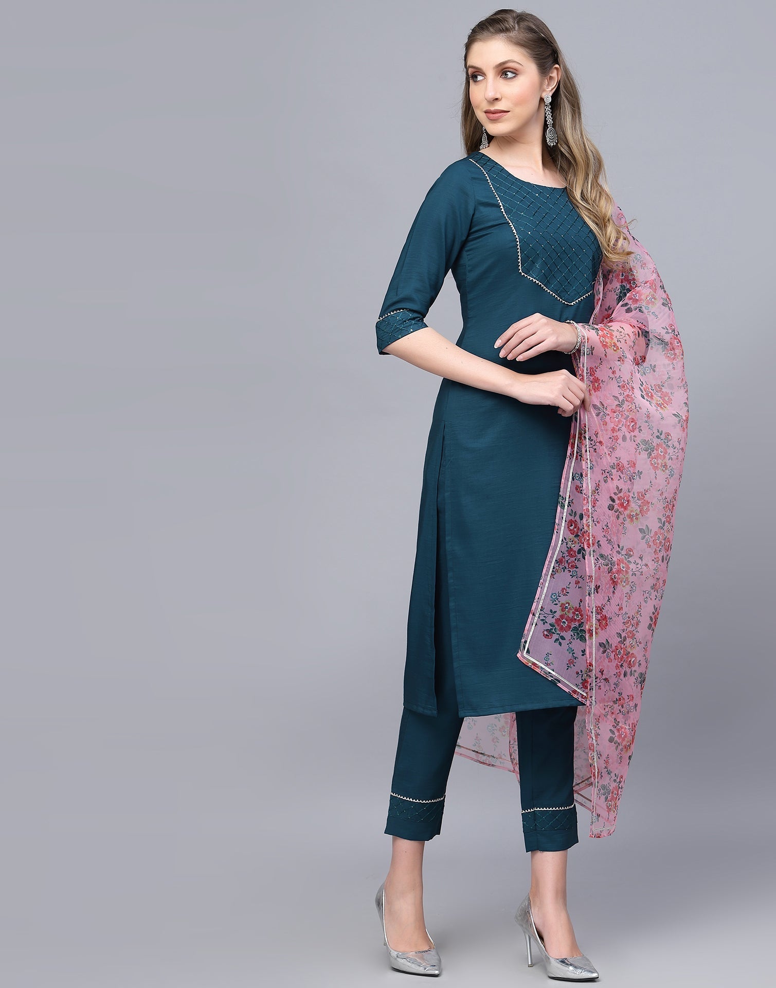 Teal Kurti With Pant And Dupatta | Leemboodi