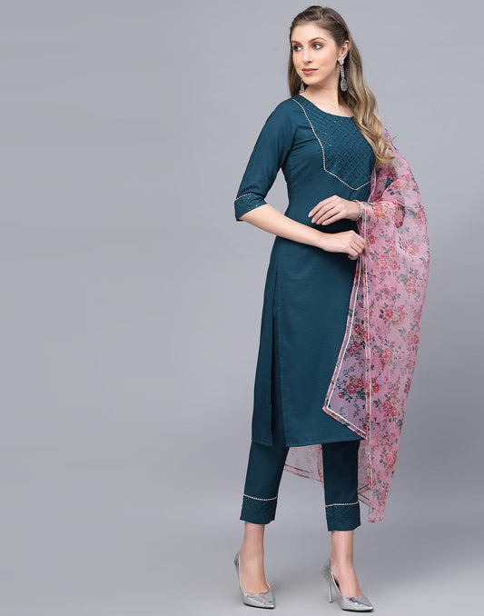Teal Kurti With Pant And Dupatta | Leemboodi