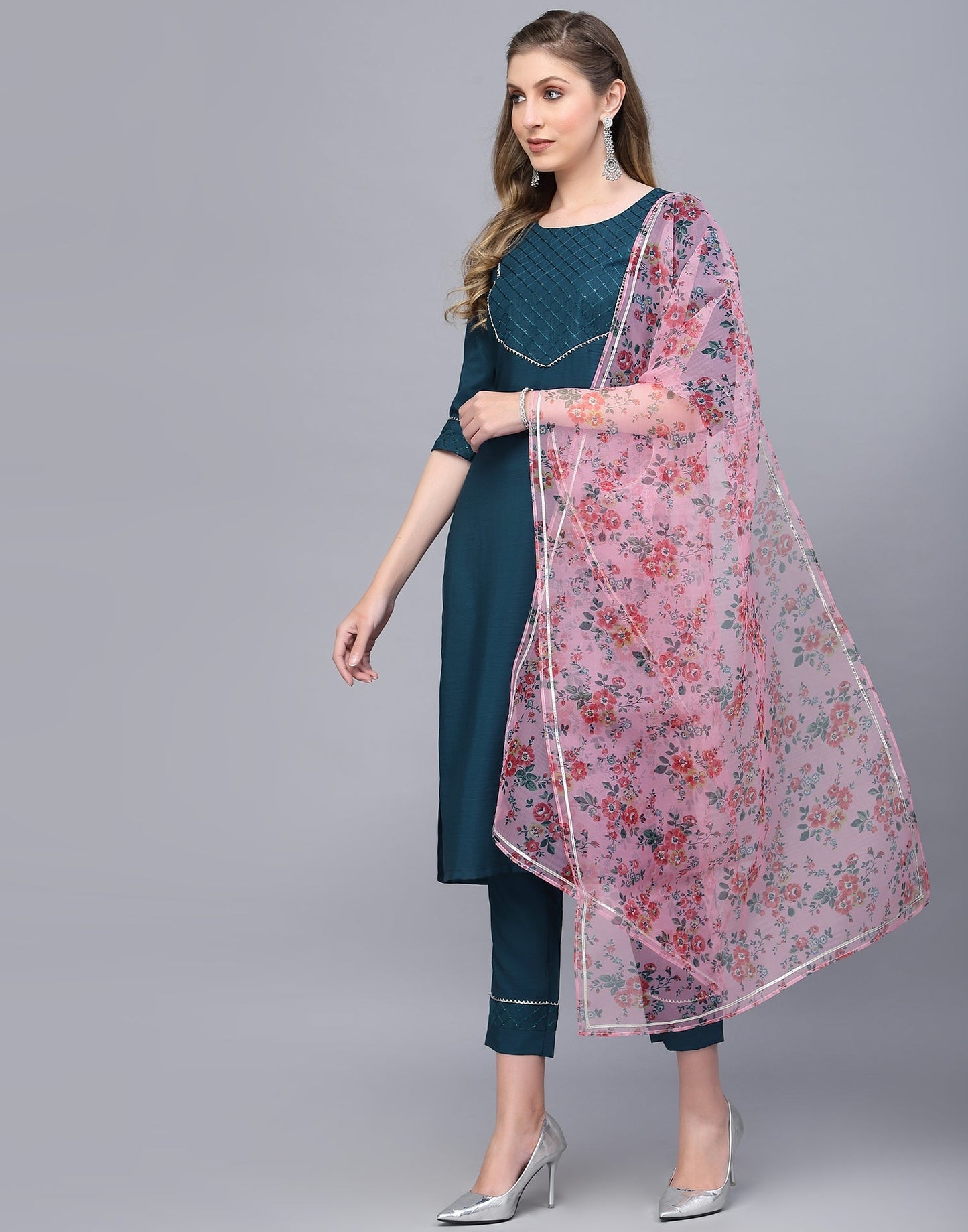 Teal Kurti With Pant And Dupatta | Leemboodi