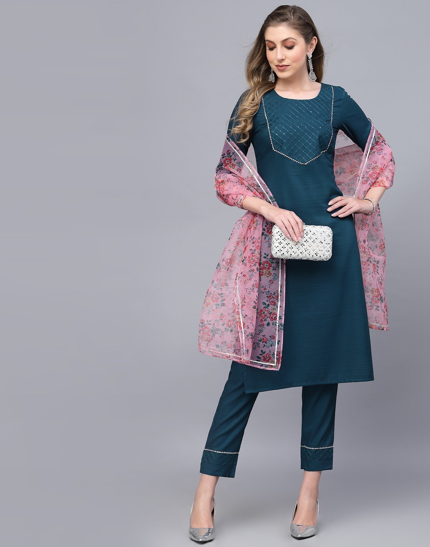 Teal Kurti With Pant And Dupatta | Leemboodi