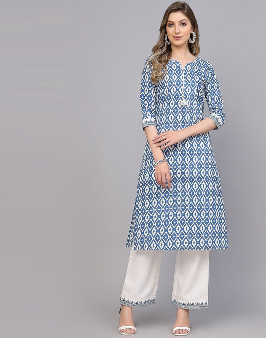 Blue Cotton Kurti With Pant Set | Leemboodi