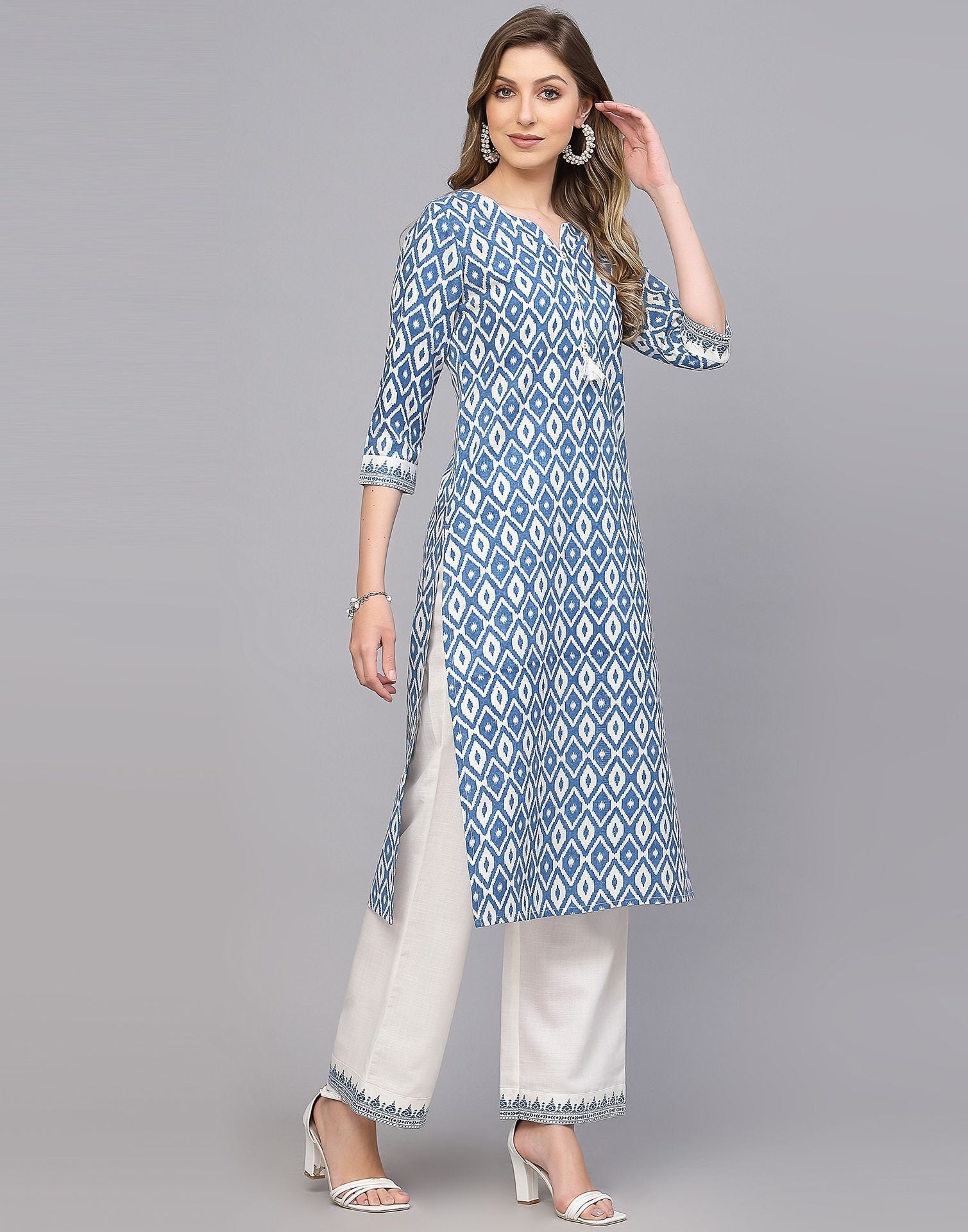 Blue Cotton Kurti With Pant Set | Leemboodi