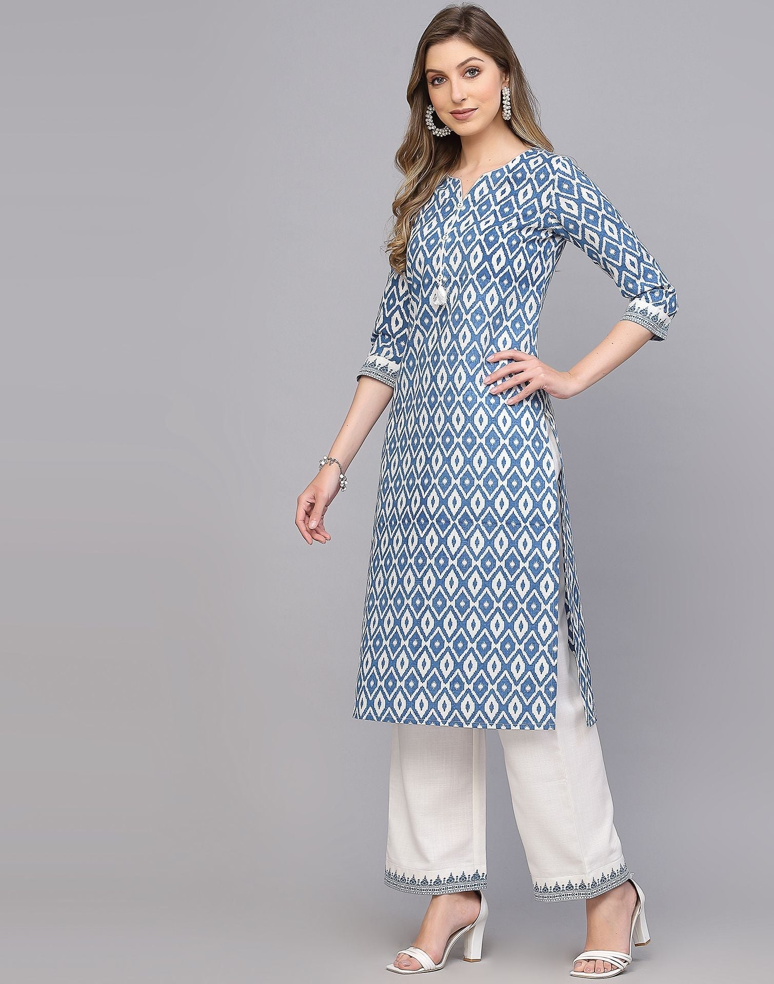 Blue Cotton Kurti With Pant Set | Leemboodi