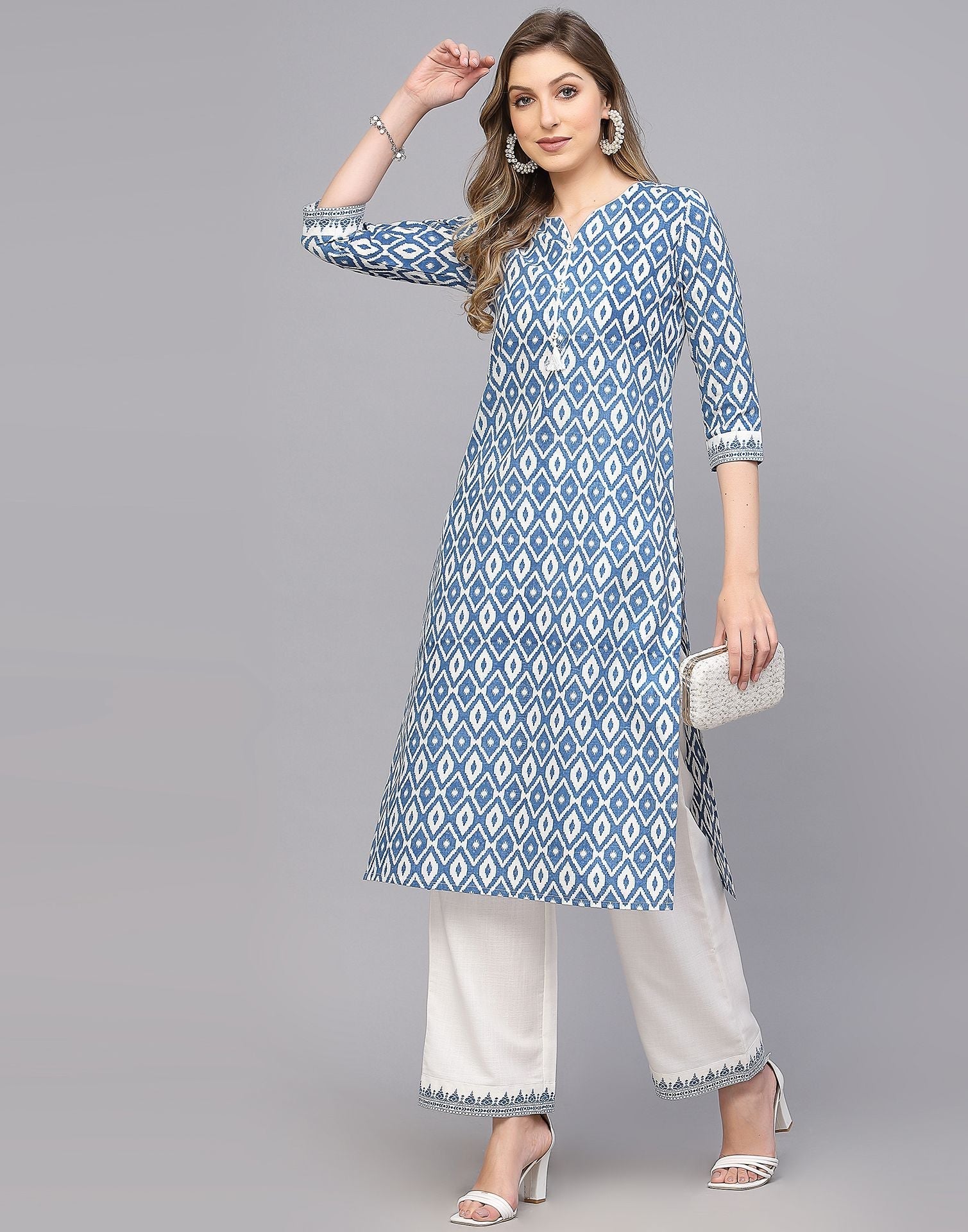 Blue Cotton Kurti With Pant Set | Leemboodi