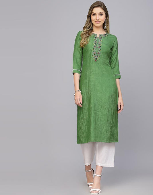 Parrot Green Silk Embroidery Straight Kurta | Leemboodi