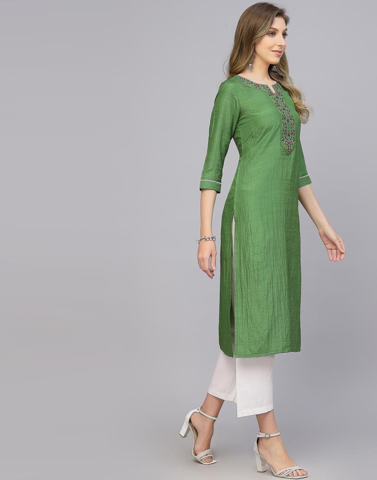 Parrot Green Silk Embroidery Straight Kurta | Leemboodi