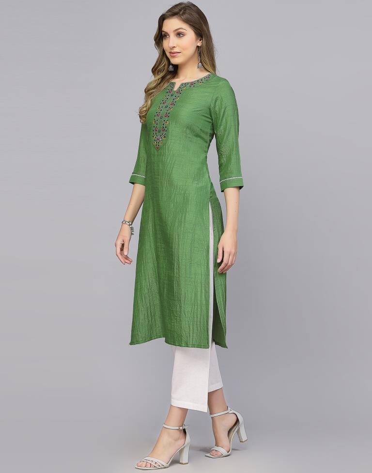 Parrot Green Silk Embroidery Straight Kurta | Leemboodi