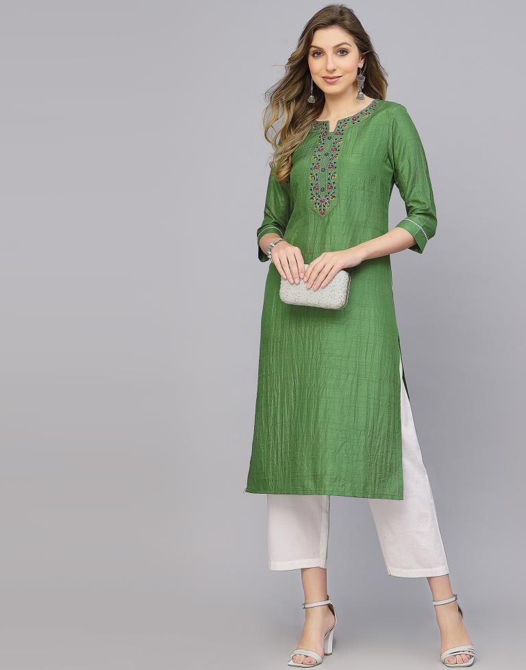Parrot Green Silk Embroidery Straight Kurta | Leemboodi