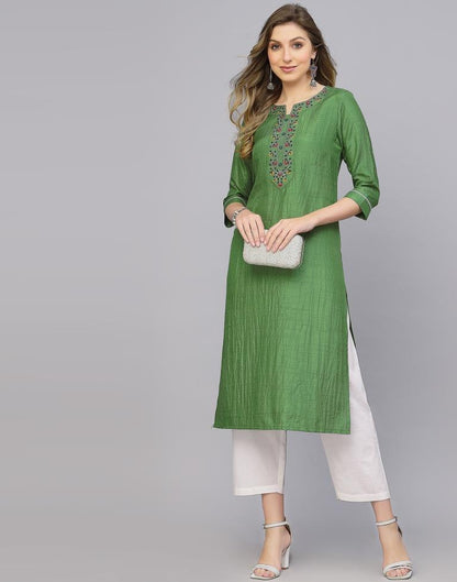 Parrot Green Silk Embroidery Straight Kurta | Leemboodi