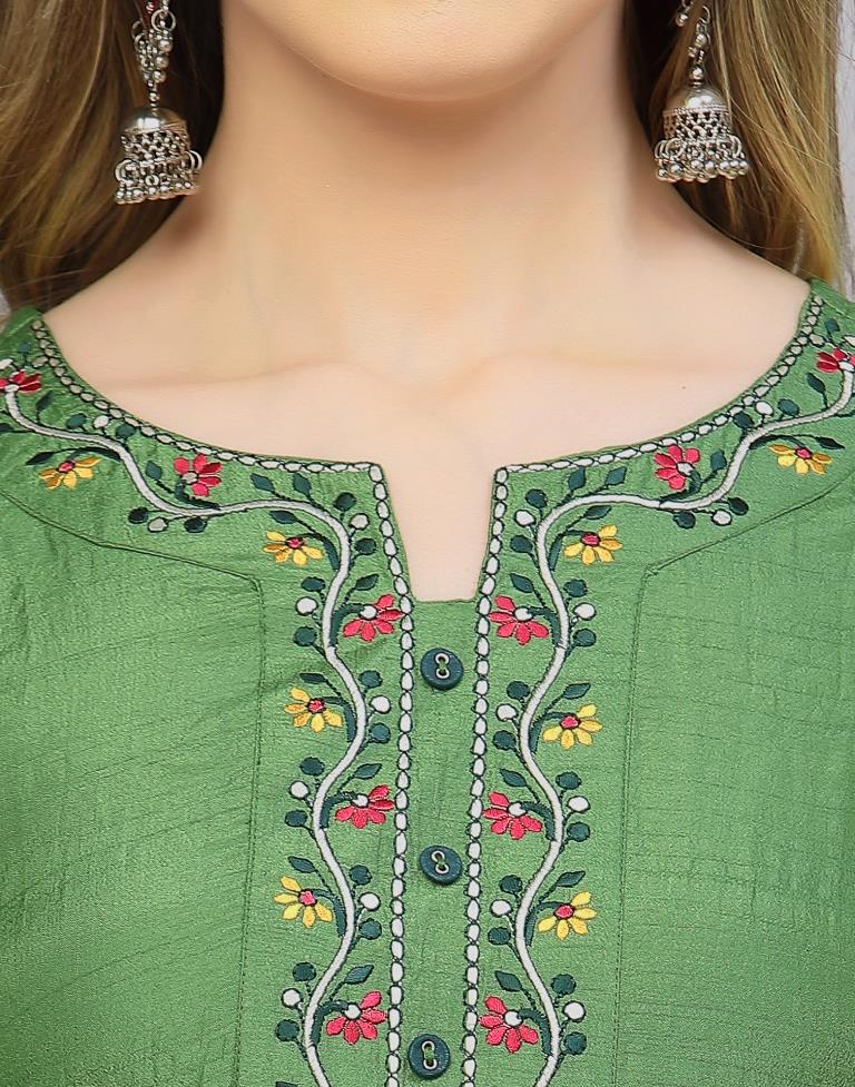 Parrot Green Silk Embroidery Straight Kurta | Leemboodi