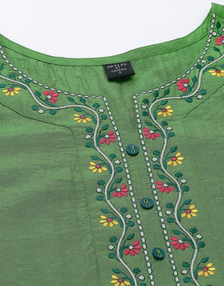 Parrot Green Silk Embroidery Straight Kurta | Leemboodi