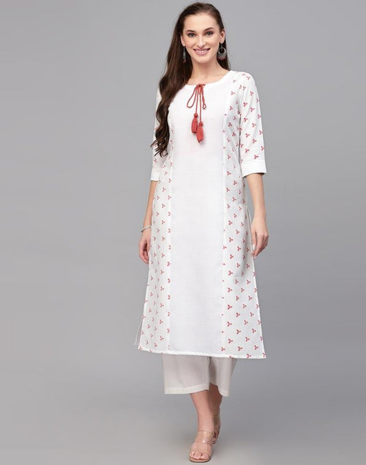 White Printed Cotton Straight Kurta