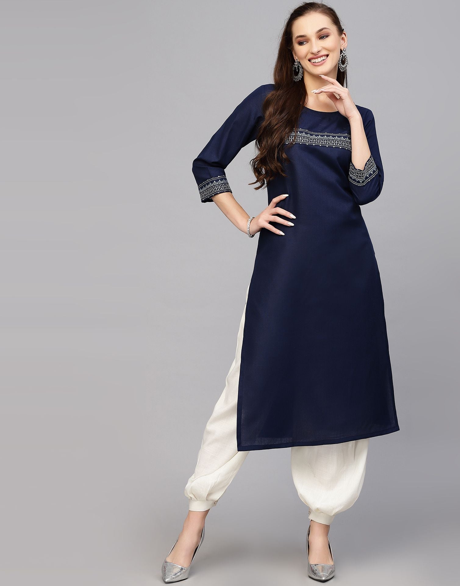 Navy Blue Embroidered Kurti | Leemboodi