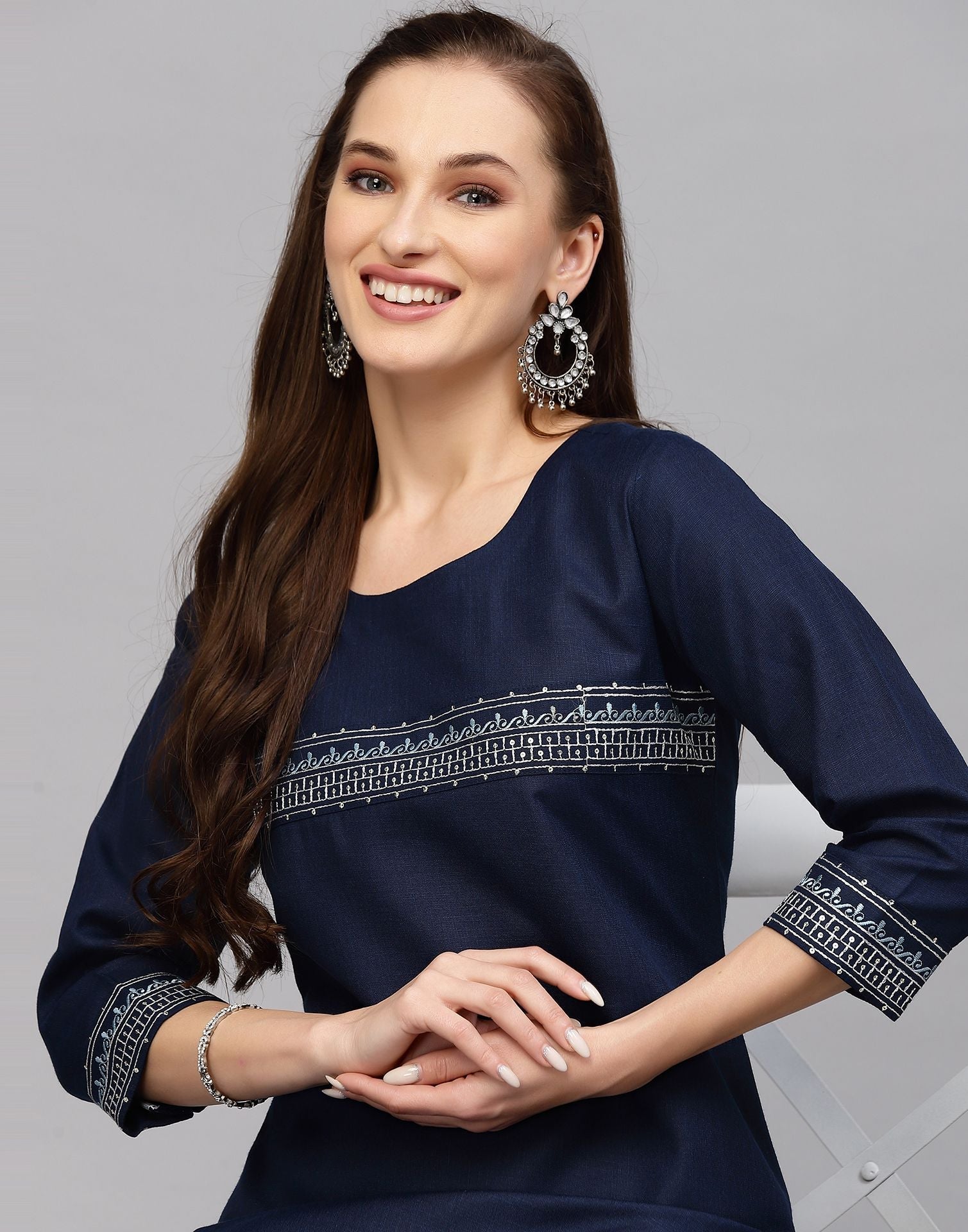 Navy Blue Embroidered Kurti | Leemboodi