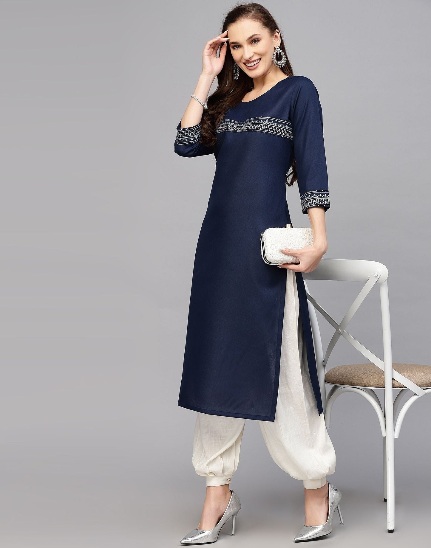 Navy Blue Embroidered Kurti | Leemboodi