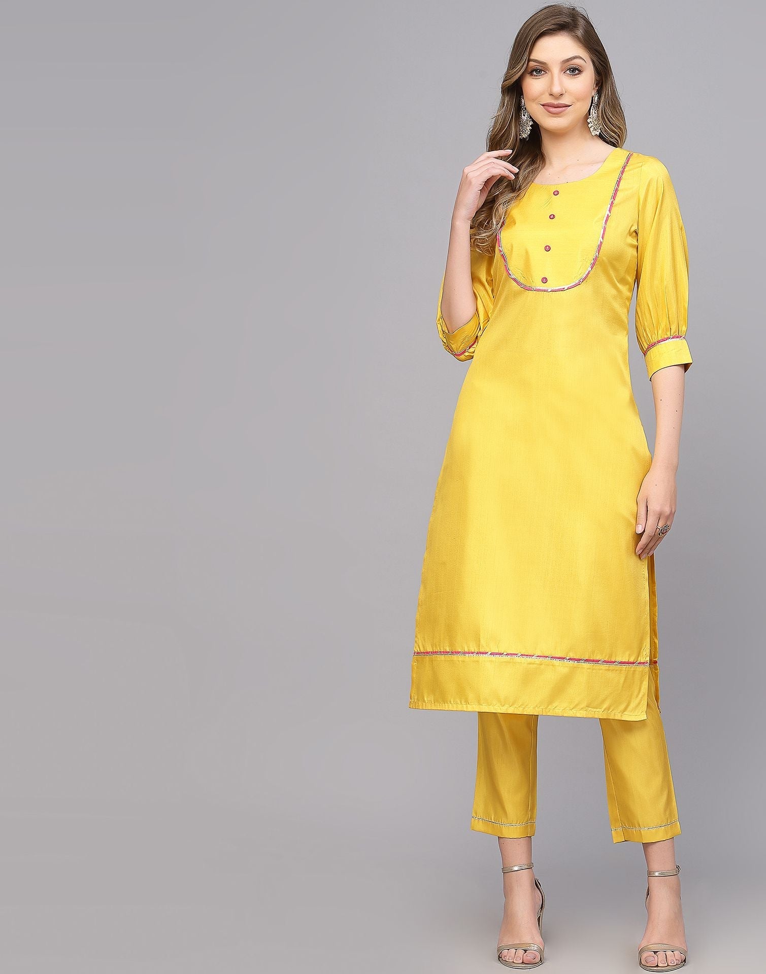 Yellow Silk Plain Straight Kurta With Pant Set | Leemboodi