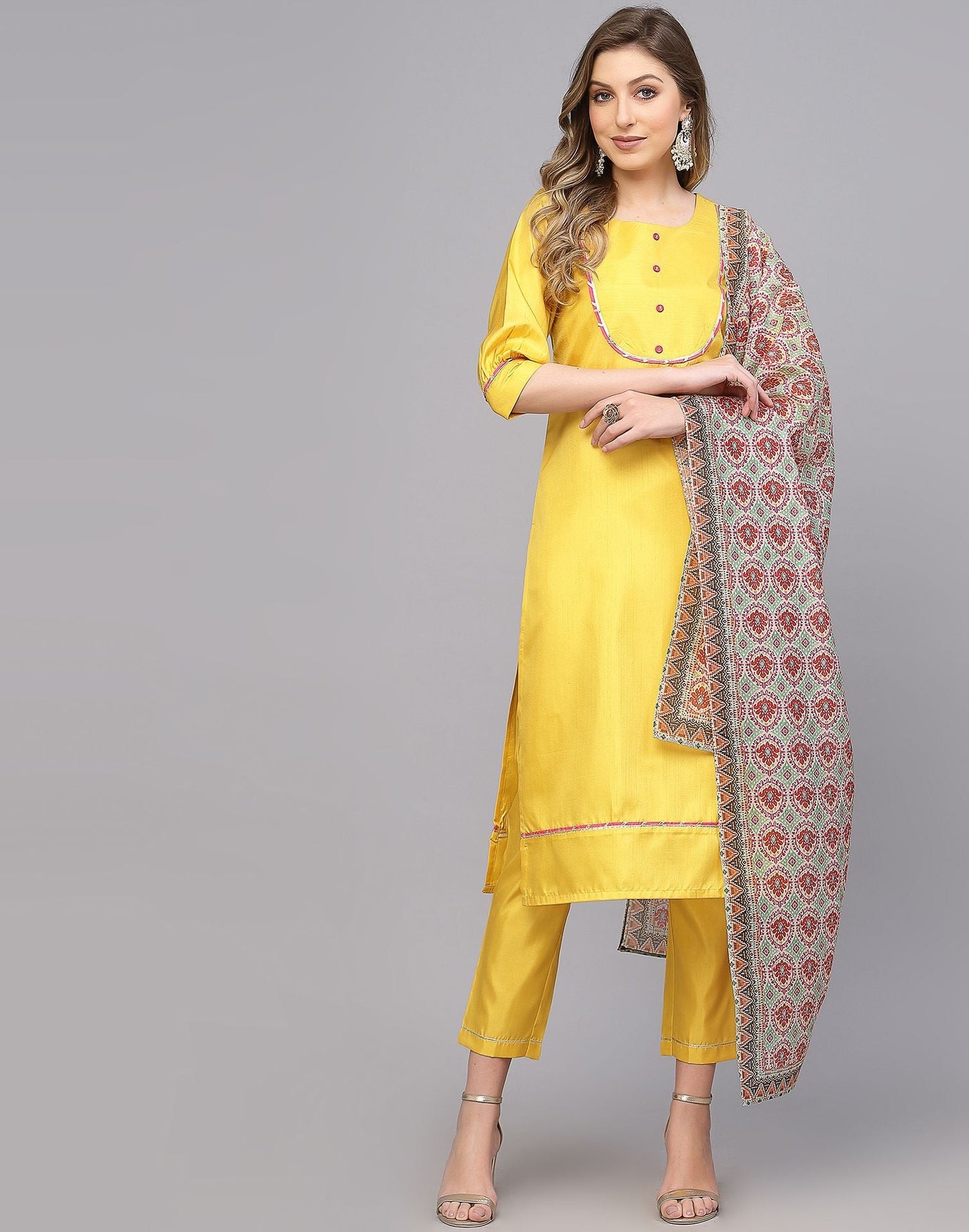 Yellow Silk Kurti With Pant And Dupatta | Leemboodi