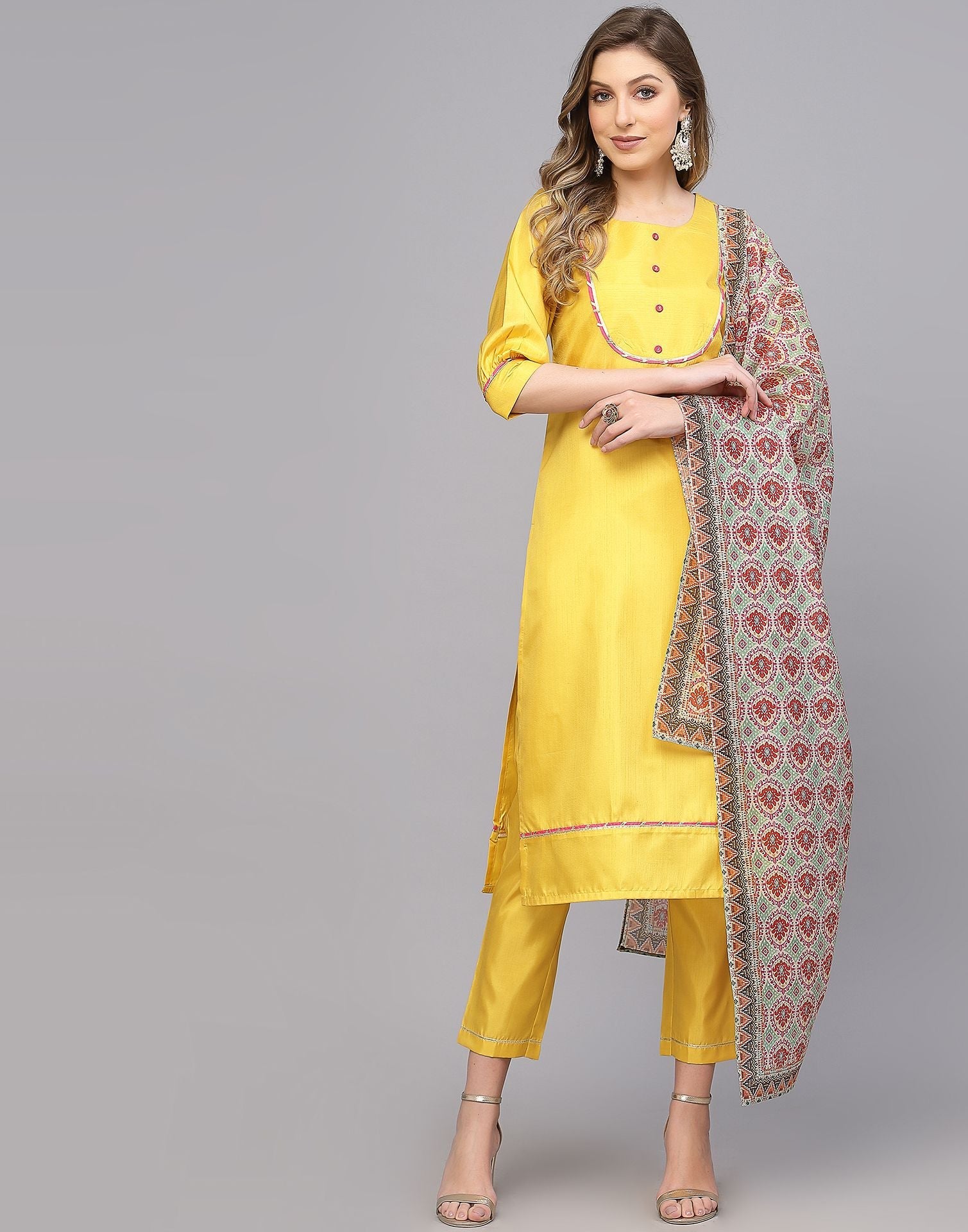 Yellow Silk Kurti With Pant And Dupatta | Leemboodi